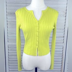 FOREVER 21 Stretchy Cropped Button Front Cardigan Ribbed Chartreuse-Small